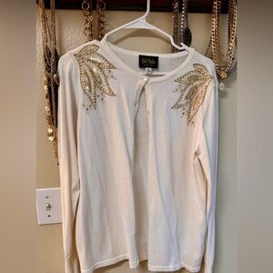 Bob Mackie Cream Embellished Button Down Polo Shirt